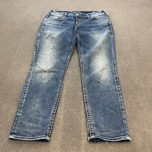 Silver Jeans Boyfriend Jeans Womens 30 Blue Fluid Denim Distressed Straight Leg
